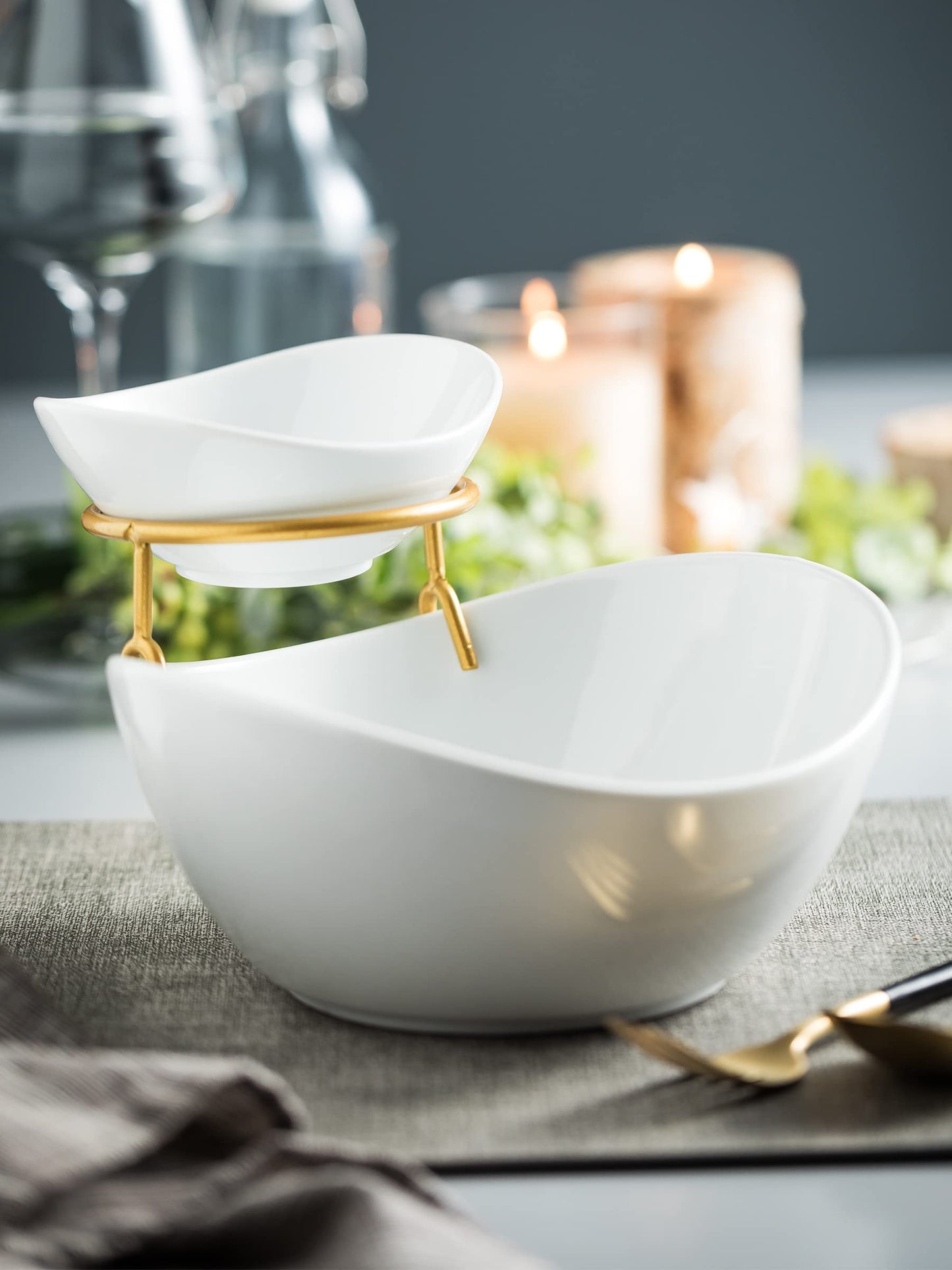 Miamolo Porcelain Serving Bowl Set for Appetizer Serving Dishes Set with 2 Compartment, Chip and Dip Taco Rack Display Salad Bar Serving Set, Gold Stand