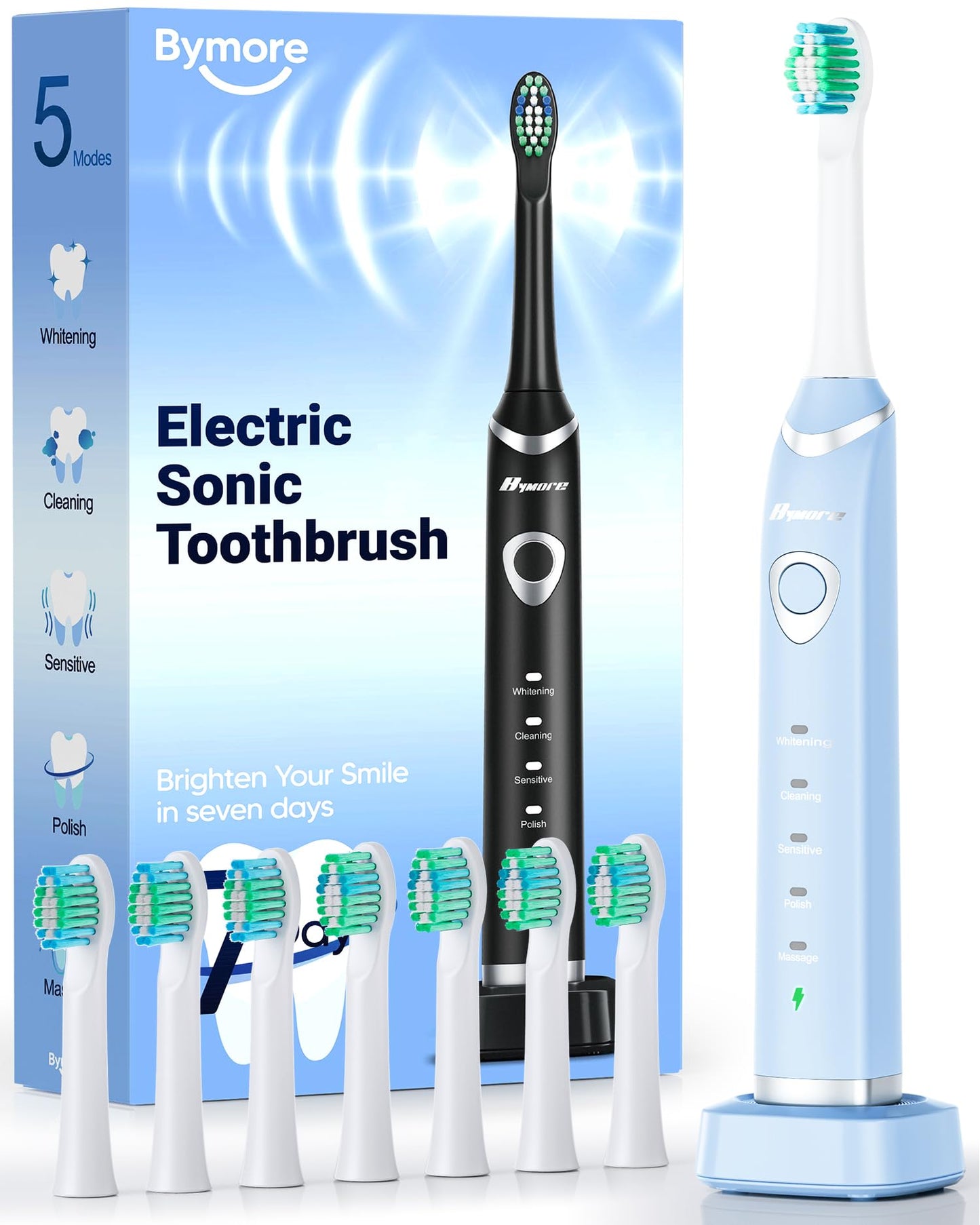Bymore Electric Toothbrush for Adults,Travel Sonic Toothbrush with 8 Replacement Heads, Ultra Clean Rechargeable Toothbrush Portable One Charge for 330days 5 Modes 2mins Timer-Black