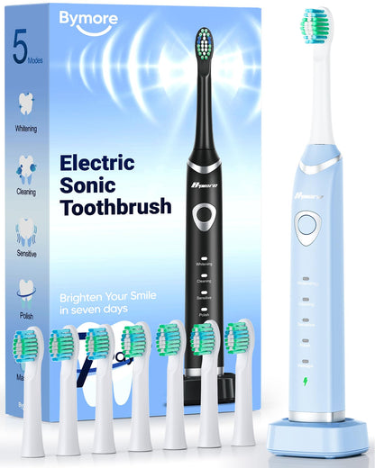 Bymore Electric Toothbrush for Adults,Travel Sonic Toothbrush with 8 Replacement Heads, Ultra Clean Rechargeable Toothbrush Portable One Charge for 330days 5 Modes 2mins Timer-Black