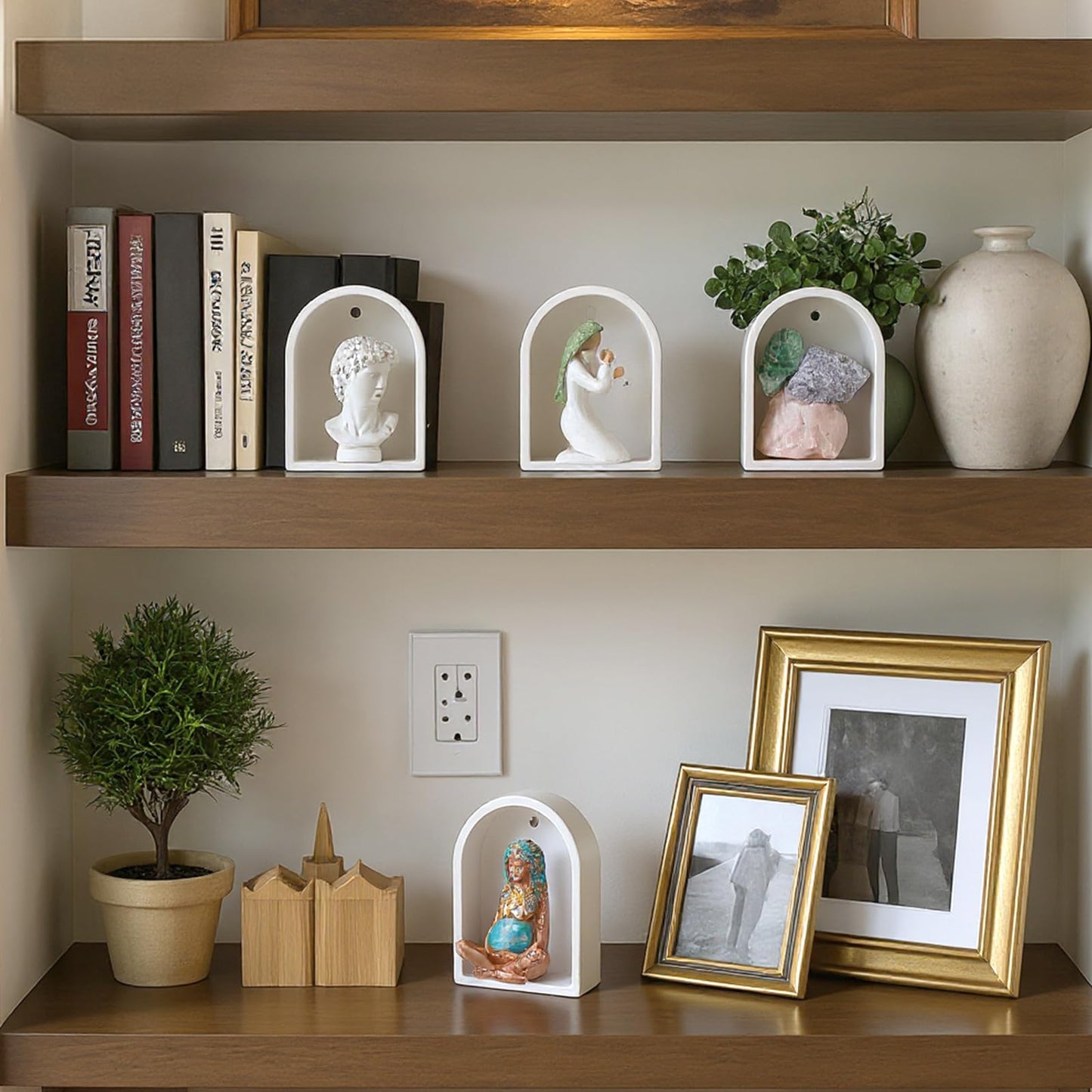 Ripeng 4 Pcs Tiny Arch Shelf 3.5 x 2.5 Inch Mini Floating Wall Shelves Small Wall Shelf Boho Farmhouse and Retro Storage for Bedroom Living Room Kitchen Bathroom Picture Frames Plants