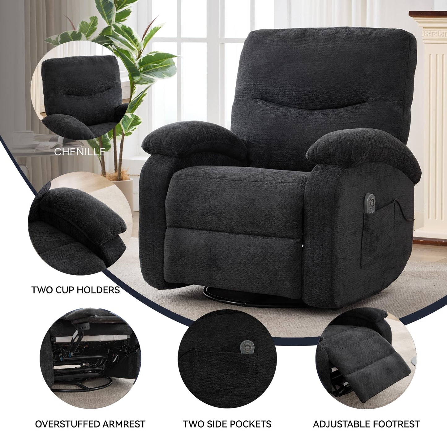 KEIKI Manual Hot Massage Recliner Chair with 360° Swivel and Rocking, 8-Point Vibration Massage & Lumbar Heat, Chenille Elderly Lazy Boy Sofa with Cup Holder for Living Room, Black