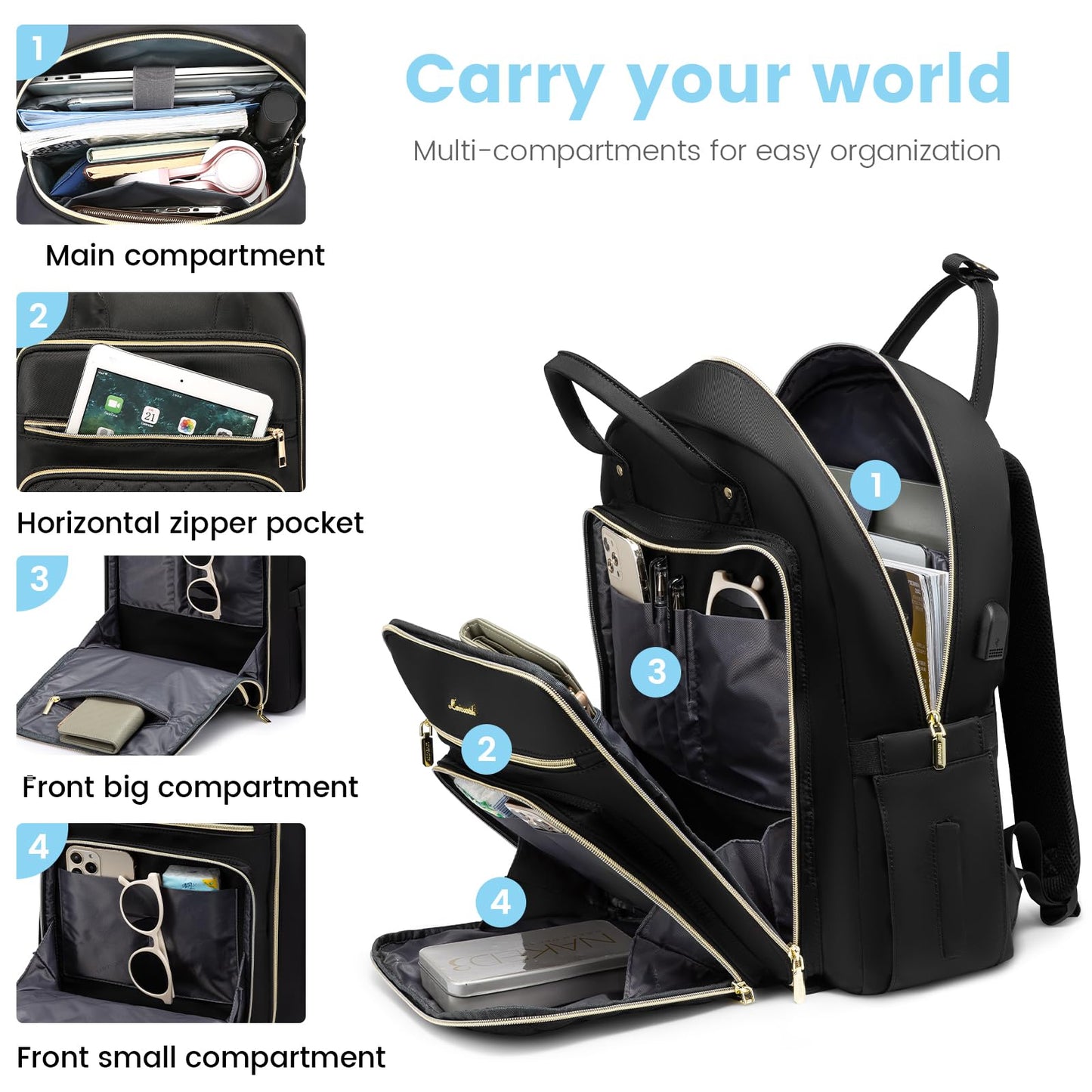 LOVEVOOK Laptop Backpack Women 15.6 Inch, Backpacks Womens, Rucksack Bag for School College Work Travel University, Ladies Lightweight Commuter Bags with USB Charging Port, Black