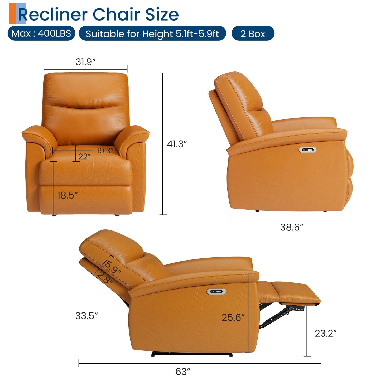 Leather Recliner Chair for Adults Power Recliner with USB Charging Ports Electric Reclining Sofa for Living Room Home Theater Seating Bedroom (Vibrant Orange)