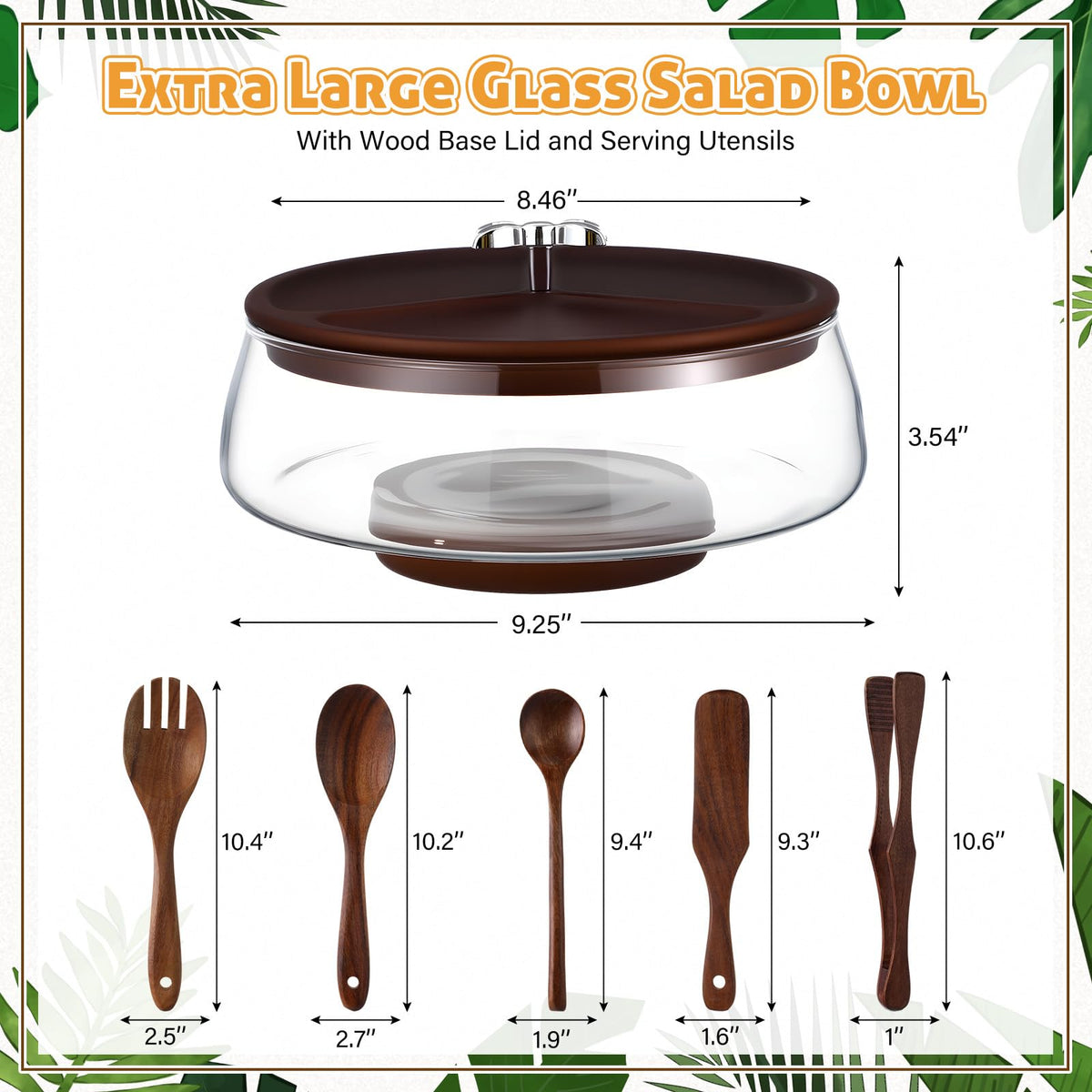Hushee Large Glass Salad Bowl Set, Party Salad Bowl with Wood Base and Lid as Cheese Charcuterie Board and Plate, Comes with 5 Pieces of Elegant Wood Serving Utensils