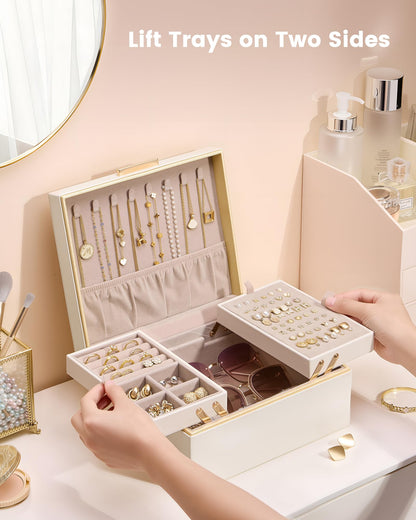 Lolalet Cream 2 Layer Jewelry Box Organizer with Drawers and Beige 12 Slots Travel Necklace Organizer Bundle, Jewelry Storage and Travel Solution
