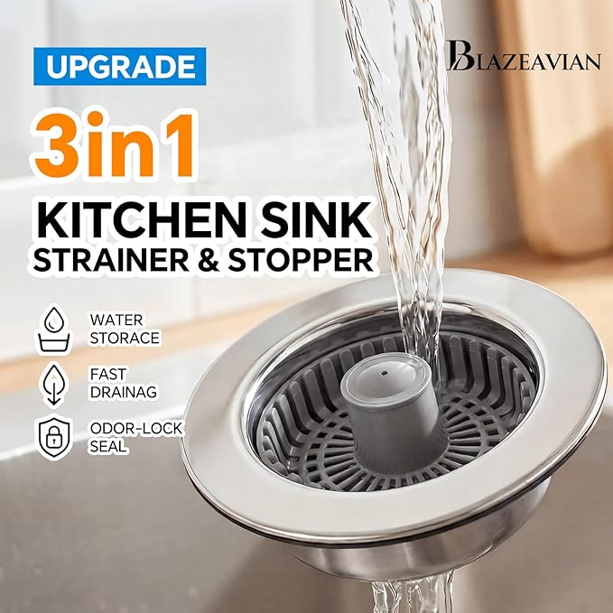 Solid Brass Body 3-in-1 Kitchen Sink Drain Strainer & Stopper, Heavy Duty Pop