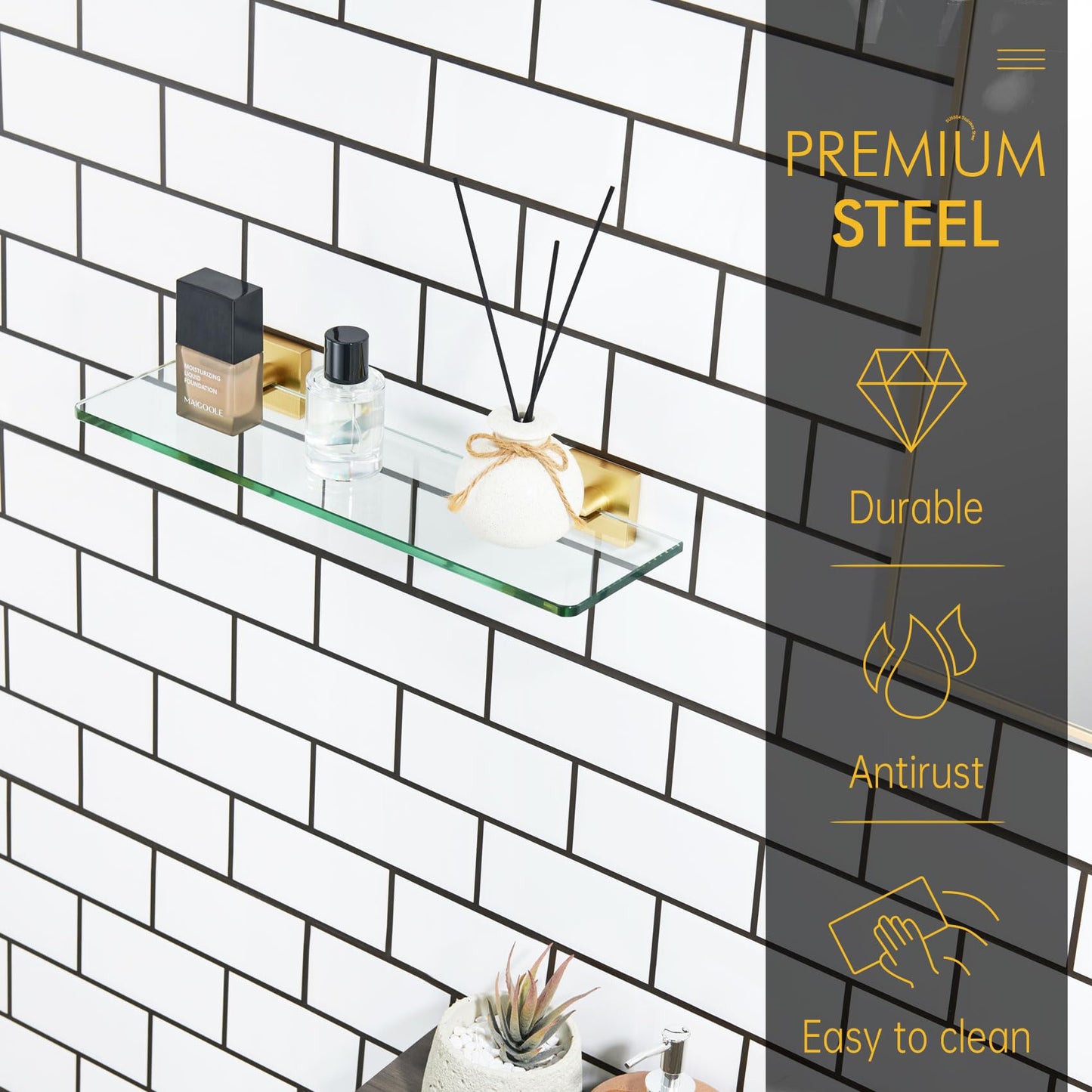 KOKOSIRI Floating Wall Shelf 16-Inch Bathroom Tempered Glass Shelves Shower Hanging Rack for Kitchen Storage Home Decor, Gold Stainless Steel B1107BG-L16