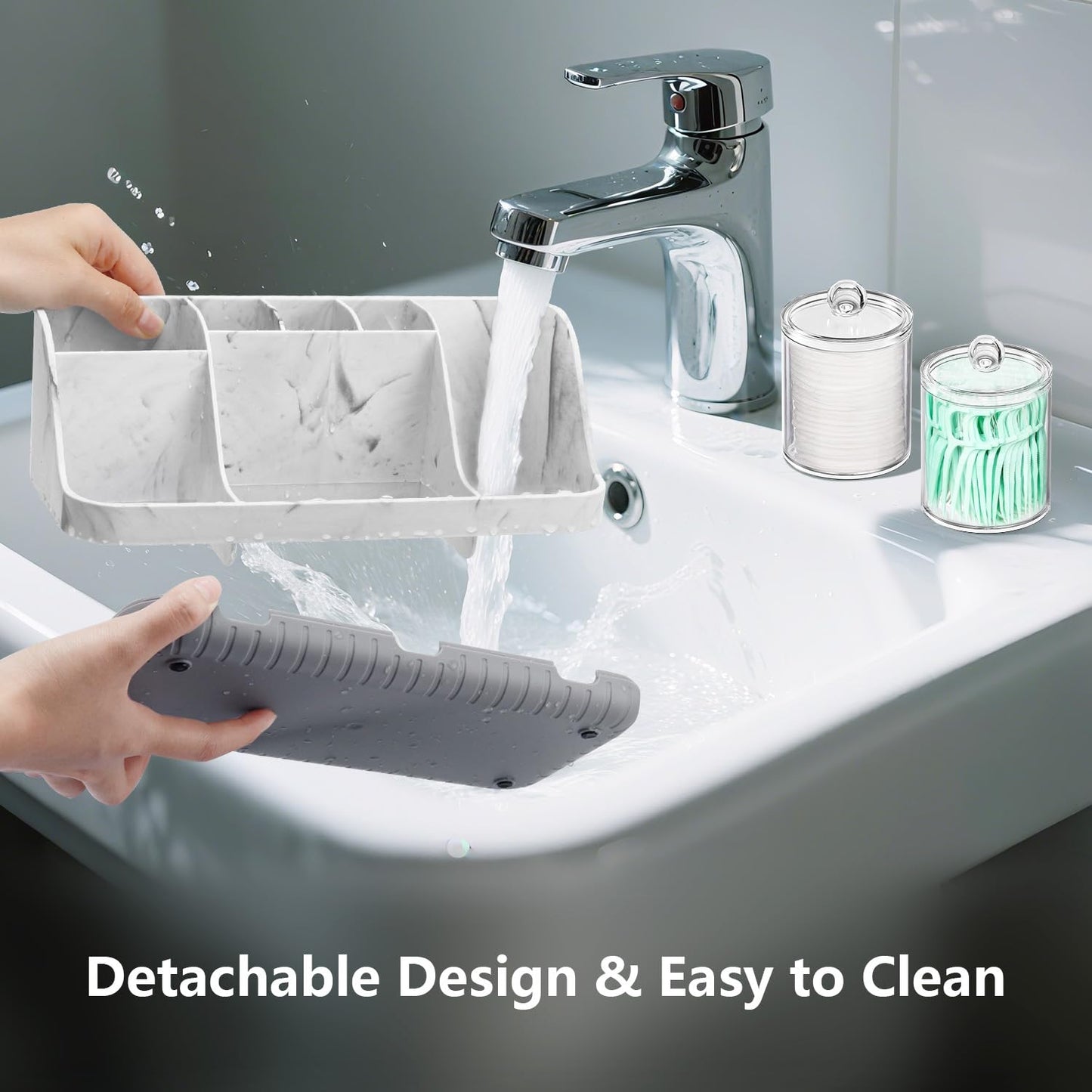 GFWARE Bathroom Toothbrush Holder Set with 2 Pack Qtip Holder Dispenser - Detachable 7 Slots Bathroom Accessory Set, Kids Marble Bathroom Sink Counter Set, Bathroom Essentials Decor, Grey