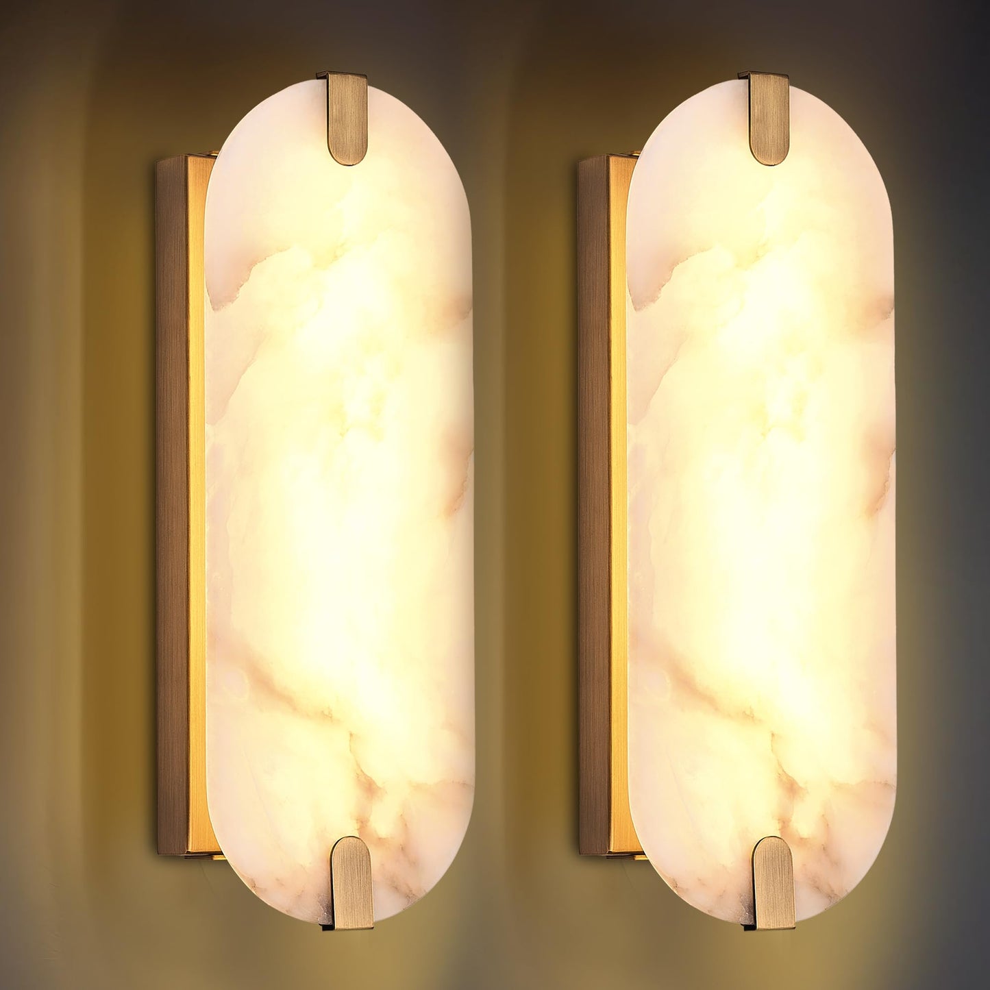DLUCE 14.17in Alabaster Wall Sconces, Natural Marble Wall Light Set of Two, Modern LED Alabaster Sconces for Living Room Indoor Wall Lamps for Dining Room Stairs Bedroom,Brushed Gold