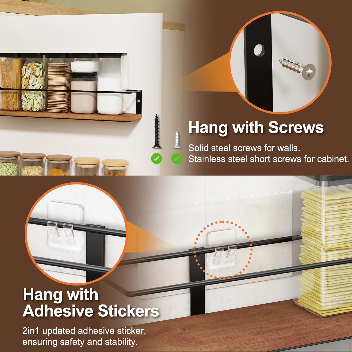 GIGIFTREE Spice Rack Self-Adhesive or drilling, Rustic Style Hanging Spice Rack, Spice Organization for Cabinet Door or Wall Mount, Over The Stove, Kitchen Wall, 2-Pack