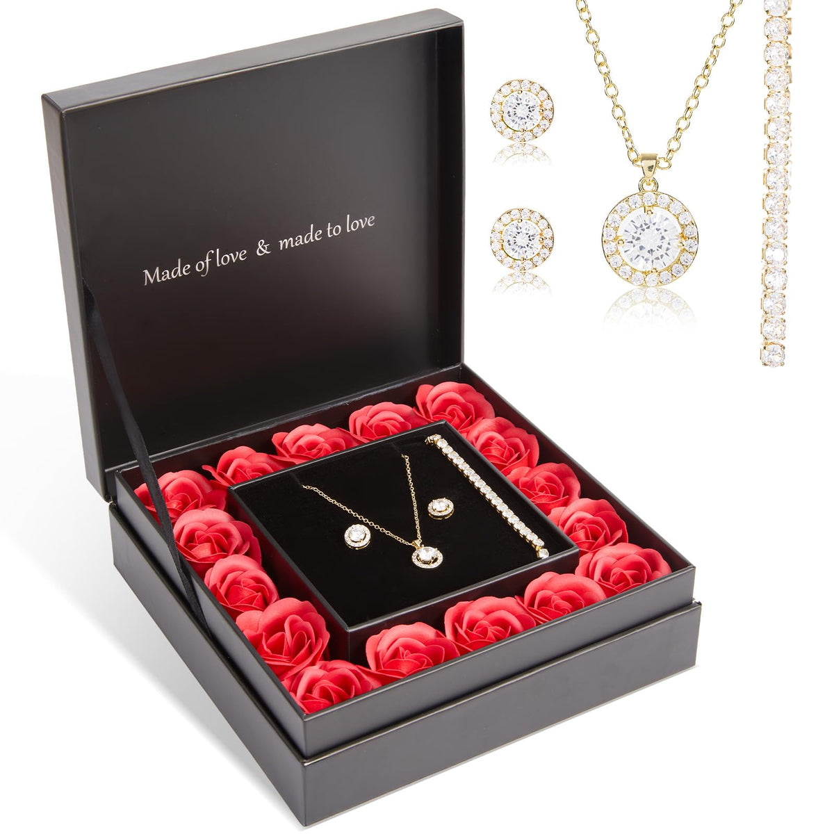 WDS WONDROUS Preserved Rose Jewelry Set for Women, 4-Piece Red Rose Gift Box with Necklace Earrings Bracelet, Valentines Day Anniversary Birthday Gift for Her Wife Girlfriend Mom
