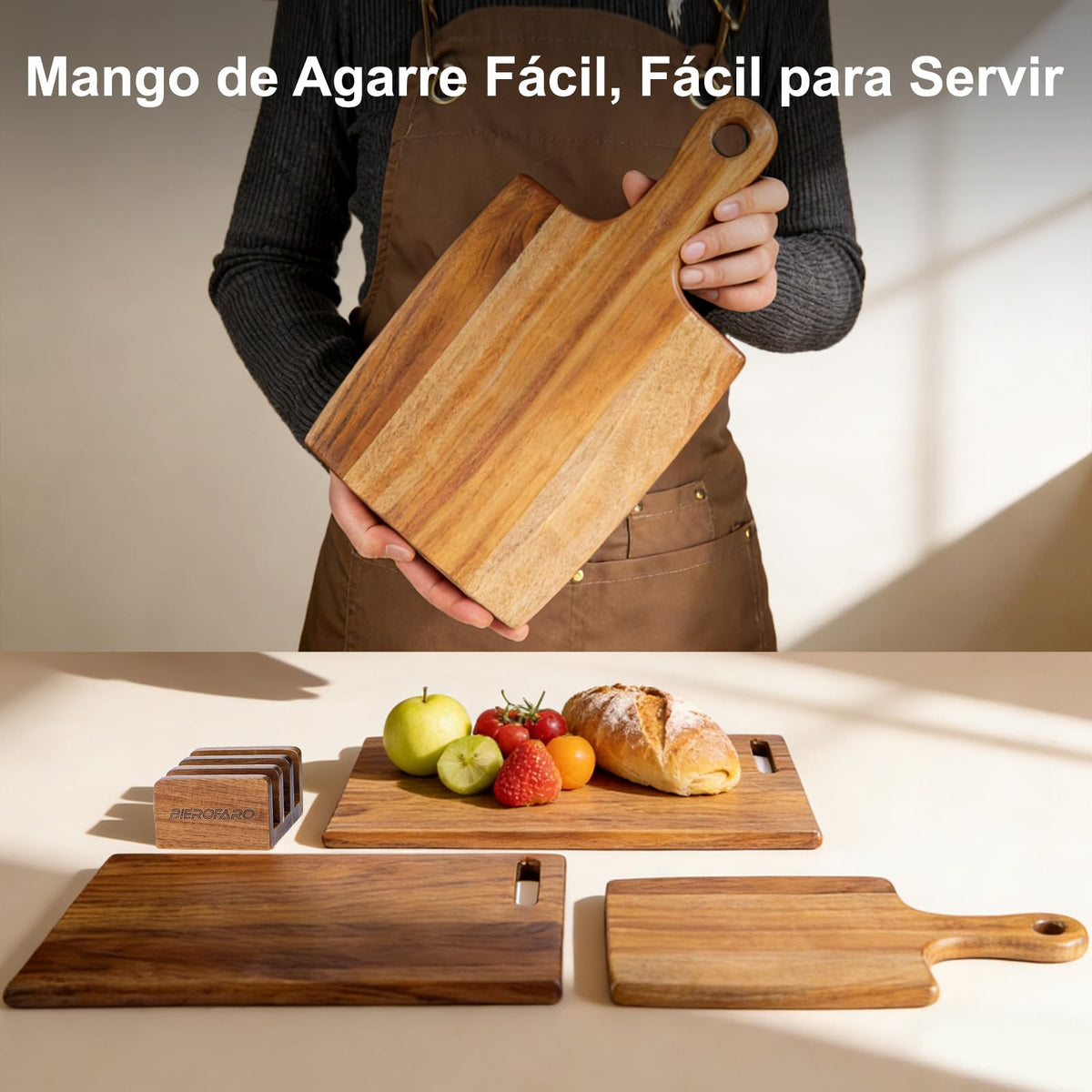 Acacia Wood Cutting Board Set of 3 with Stand – Kitchen & Charcuterie Serving Boards, Multi-Size Wooden Chopping Boards for Meat, Veggies & Fruit, Easy Clean & Space-Saving Display
