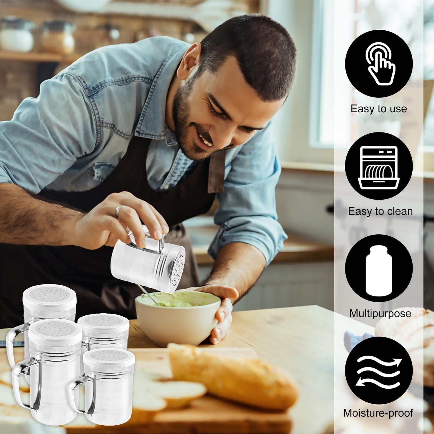 BXUYAOXMC 4 Pcs Stainless Steel Salt and Pepper Shakers Set, 10oz & 14oz Spice Shakers with Handle and Airtight Lid, Large Holes for Powdered Sugar, Flour, Cheese, BBQ Rubs – Kitchen Storage
