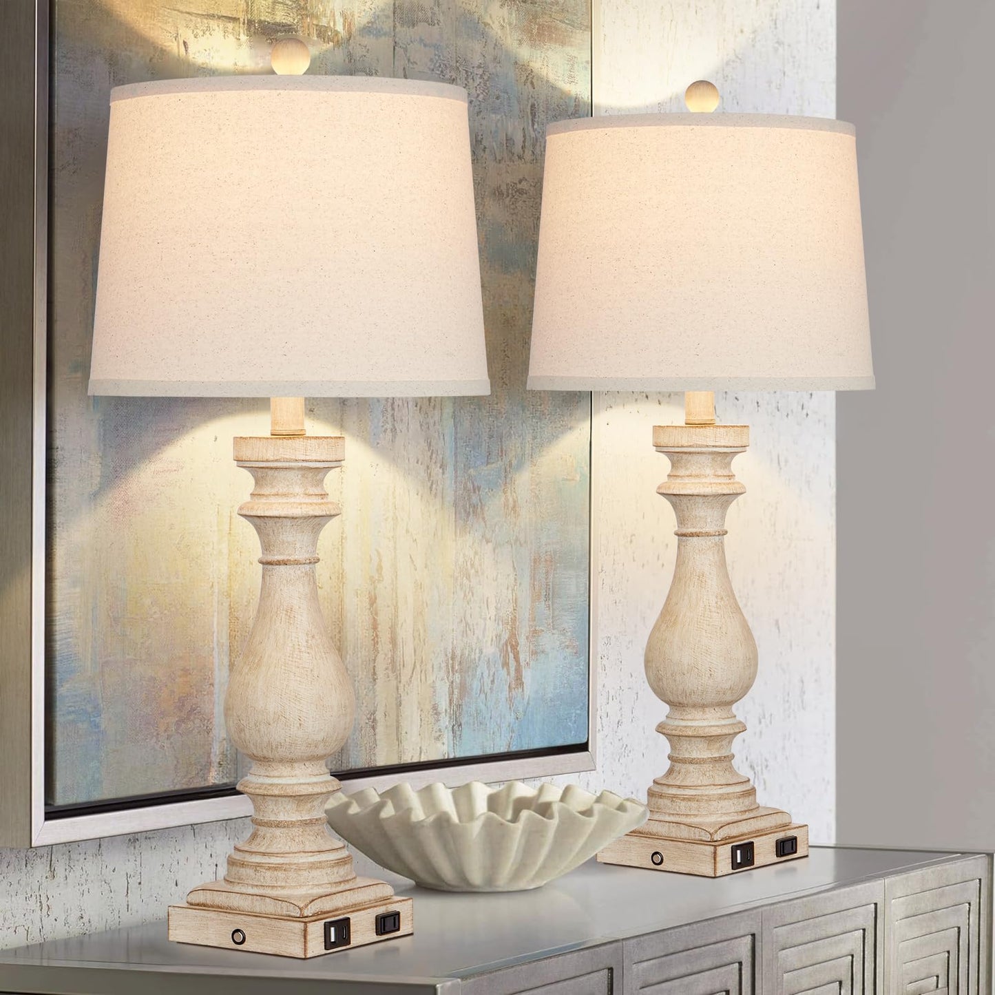 Cinkeda 29" Tall Table Lamp for Living Room Set of 2,Farmhouse Nightstand Bedside Lamps with USB C+A Ports & AC Outlet,3-Way Dimmable Touch Control Desk Lamp for Bedroom,Color 1