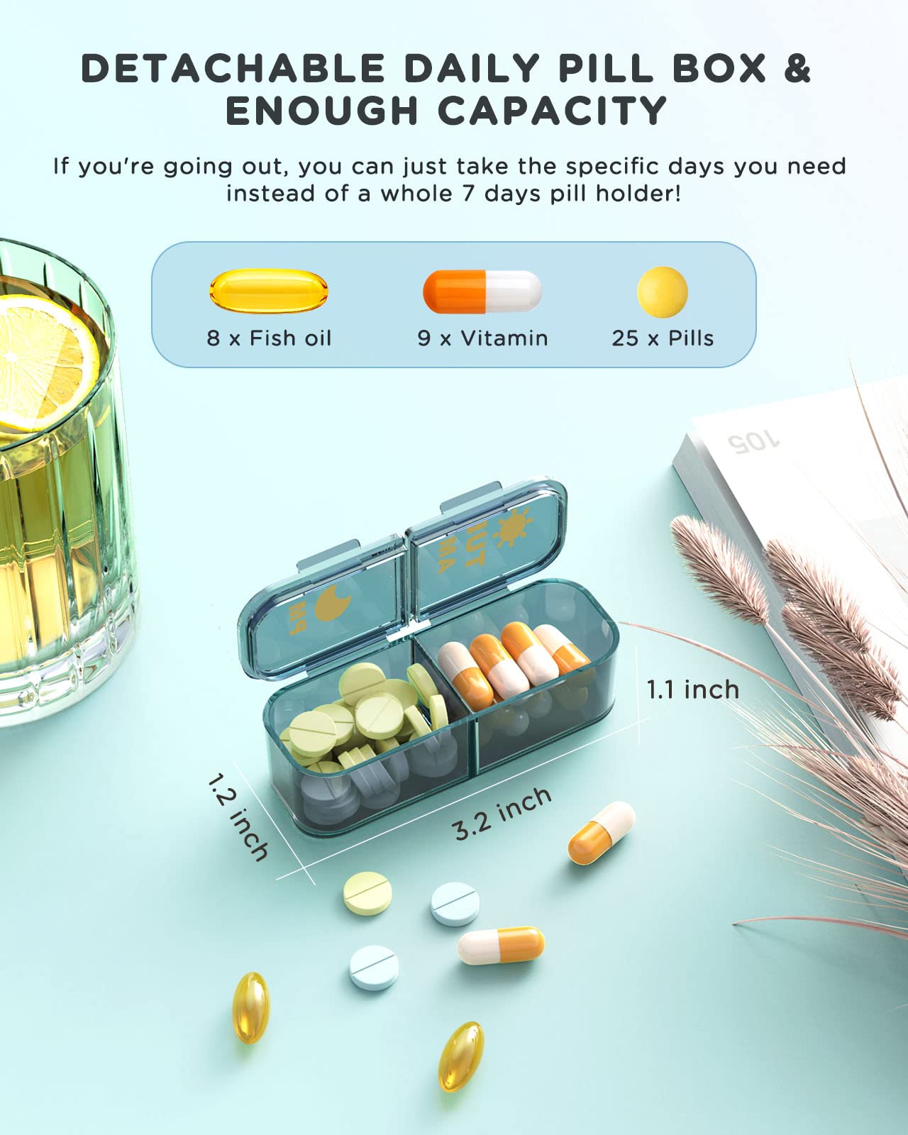 Am Pm Pill Organizer, Weekly Pill Box 2 Times A Day - Acedada 7 Day Pill Organizer with 7 Separate Containers, Portable Daily Medicine Dispenser Case for Vitamin, Fish Oils, Supplements, Stylish Blue