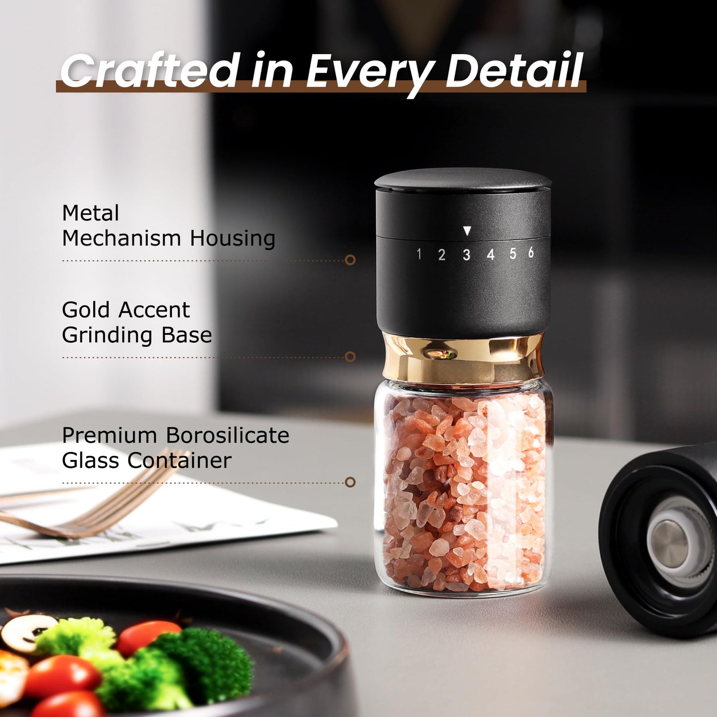 Gold Salt and Pepper Grinder Set with External Adjustable Coarseness Stainless Steel Sea Salt & Pepper Mill Set Ceramic Core Spice Grinder Refillable Glass Black and Gold Shaker Kitchen Accessories