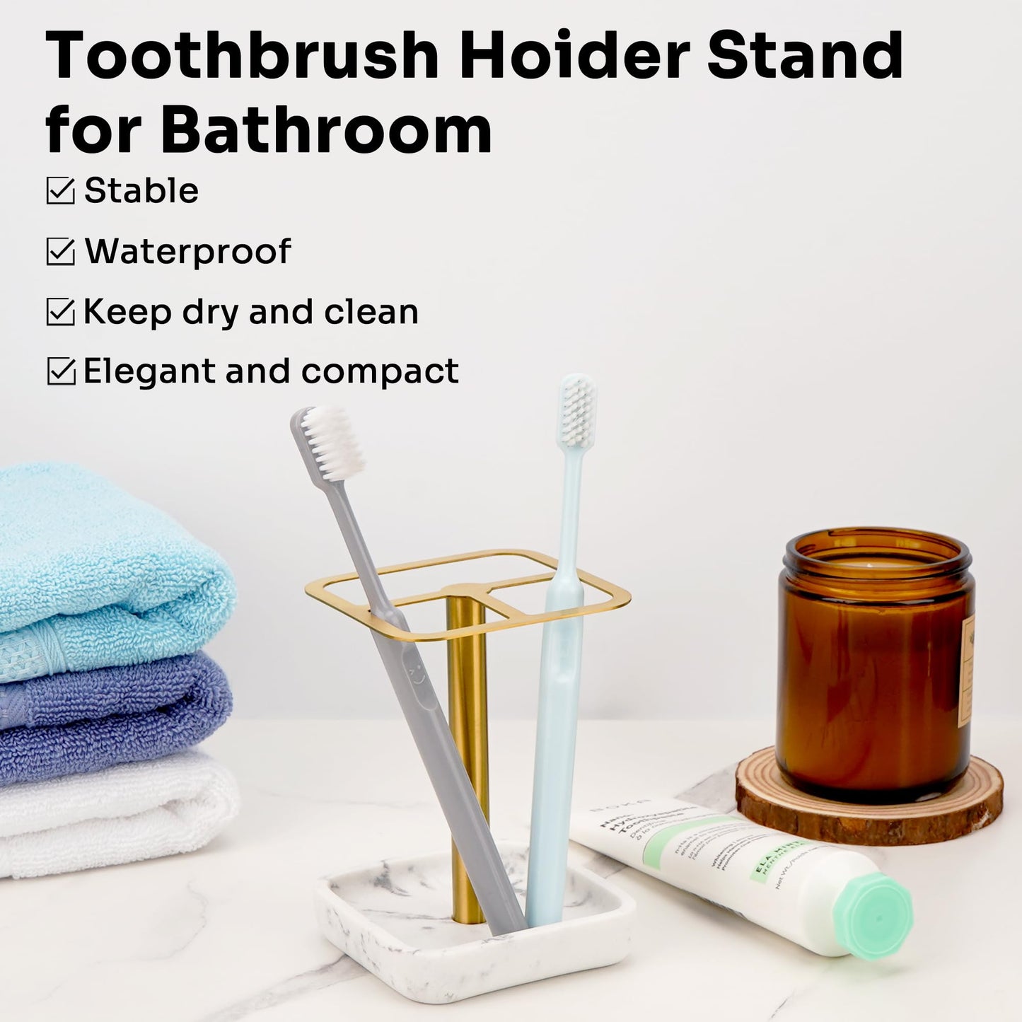 DODAMOUR Stainless Steel Toothbrush Holder with Marble-Style Weighted Base, 3-Section Organizer for Electric Toothbrushes & Toothpaste, Bathroom Countertop Stand (Gold)