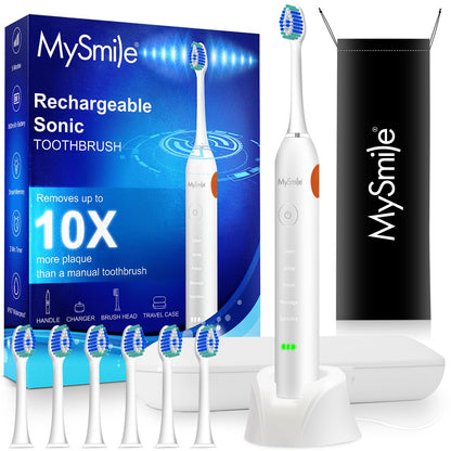 MySmile Electric Toothbrush for Adults, Rechargeable Sonic Electronic Toothbrush with 6 Brush Heads and Travel Case, 5 Modes 2 Mins Smart Timer, 48000VPM 10X Powerful