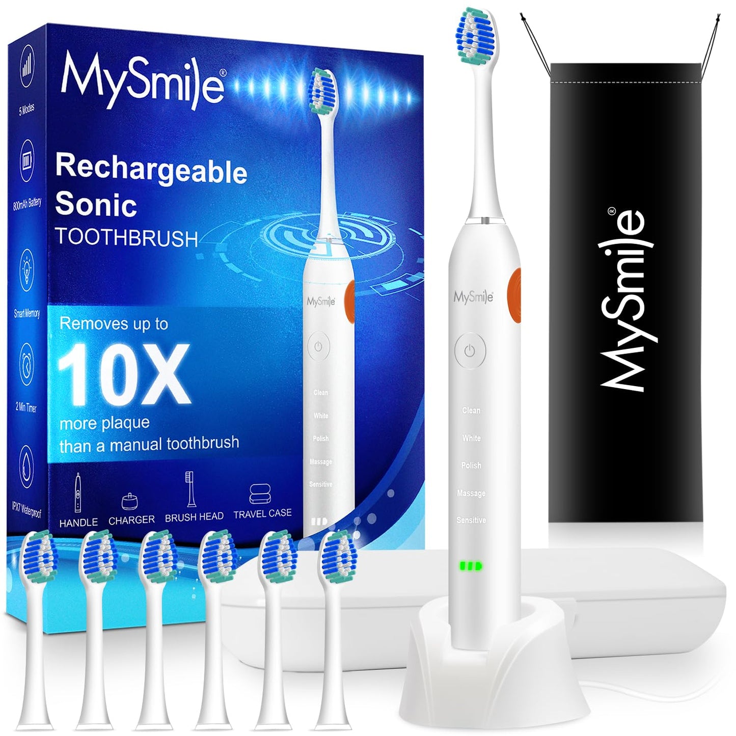 MySmile Electric Toothbrush for Adults, Rechargeable Sonic Electronic Toothbrush with 6 Brush Heads and Travel Case, 2 Mins 5 Modes Smart Timer, 48000VPM (Black)
