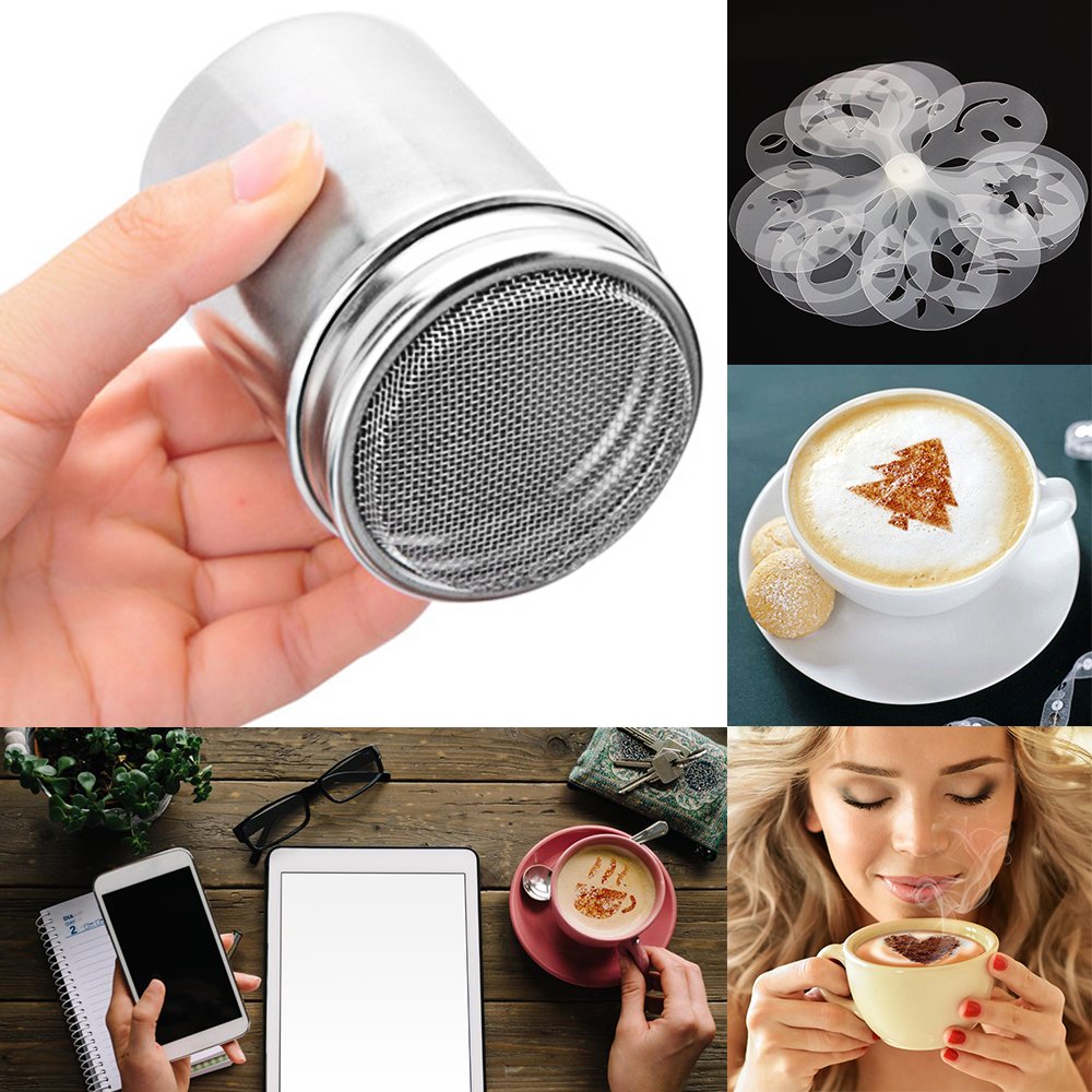 2 Pcs Stainless Steel Dredges and Powdered Shaker with 16 pcs Printing Molds Stencils, SENHAI Salt Pepper Coffee Cocoa Cinnamon Power Can with Hole or Fine-Mesh Lid for Kitchen Baking Cooking