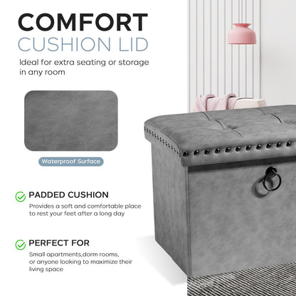 oakvivo Storage Ottoman Cube 16x12x12 inches, Small Faux Leather Tuffed Foot Rest Stool with Rivet Design, Foldable Ottomans Footstool, Box Chest for Bedroom, Entryway, Load 242 lb, Grey