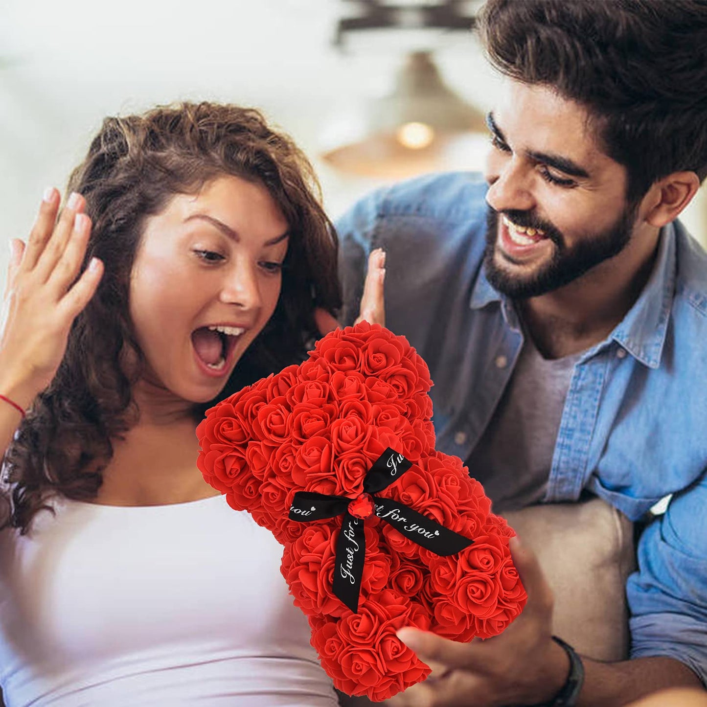 Lgv Flower Rose Bear,Romantic Gift for Valentine's Mother's Day, Christmas, Birthday,Girl Friend Her Mom Female Wife with Artificial Heart-Shaped Diamonds Red