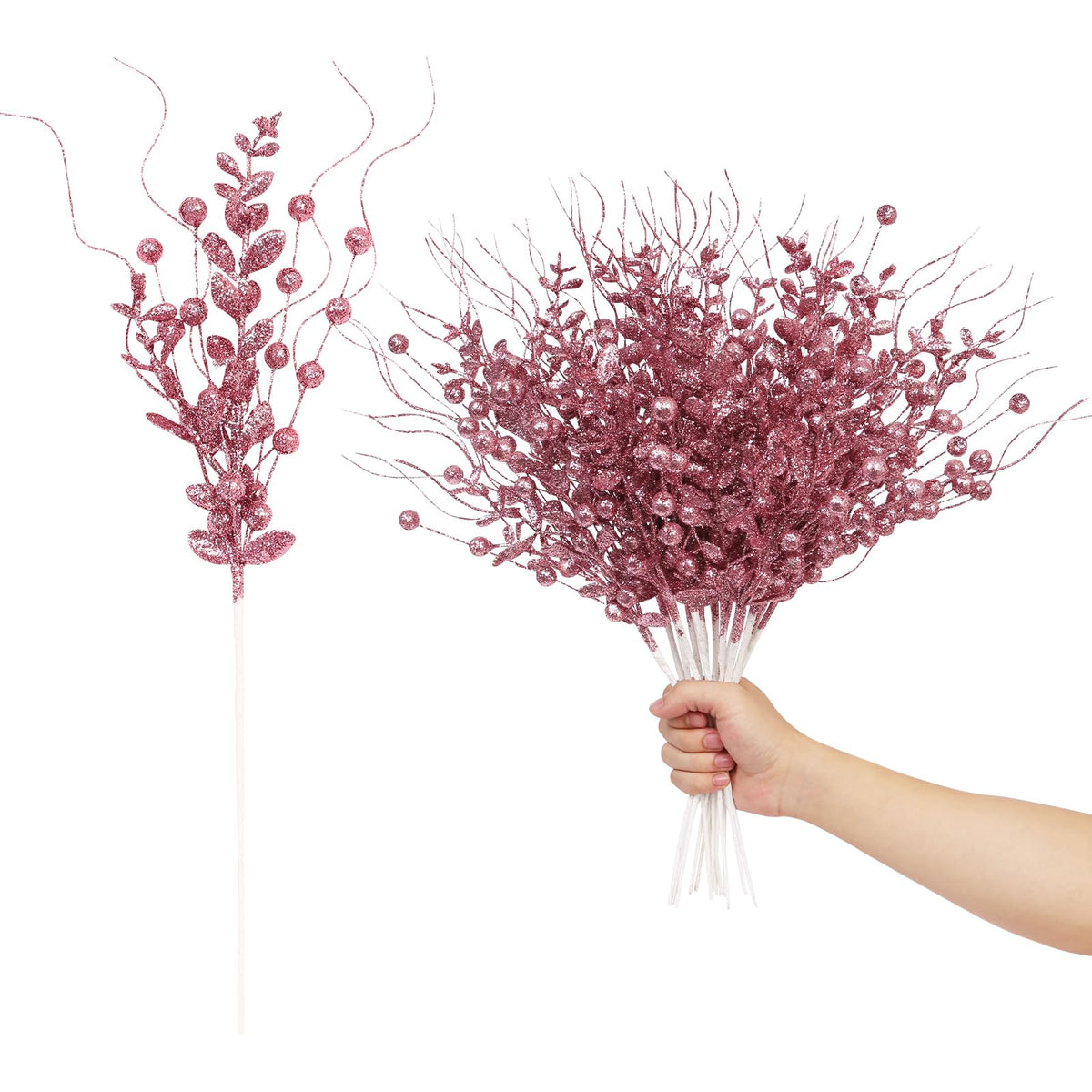 24 Pack Christmas Tree Decorations Picks and Sprays, Christmas Ornaments Artificial Glitter Berry Stems Branches Picks Twigs for Xmas Tree Vase Filler Home Holiday Decor (Pink-A)