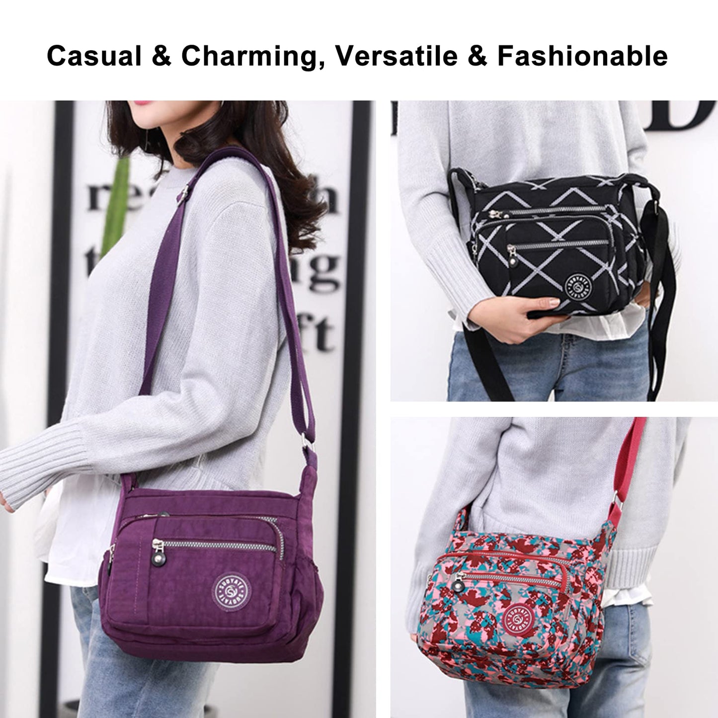 Womens Multi Pocket Casual Canvas Crossbody Bag Travel Purse Messenger Handbag for Shopping Hiking Daily Use (Gray)