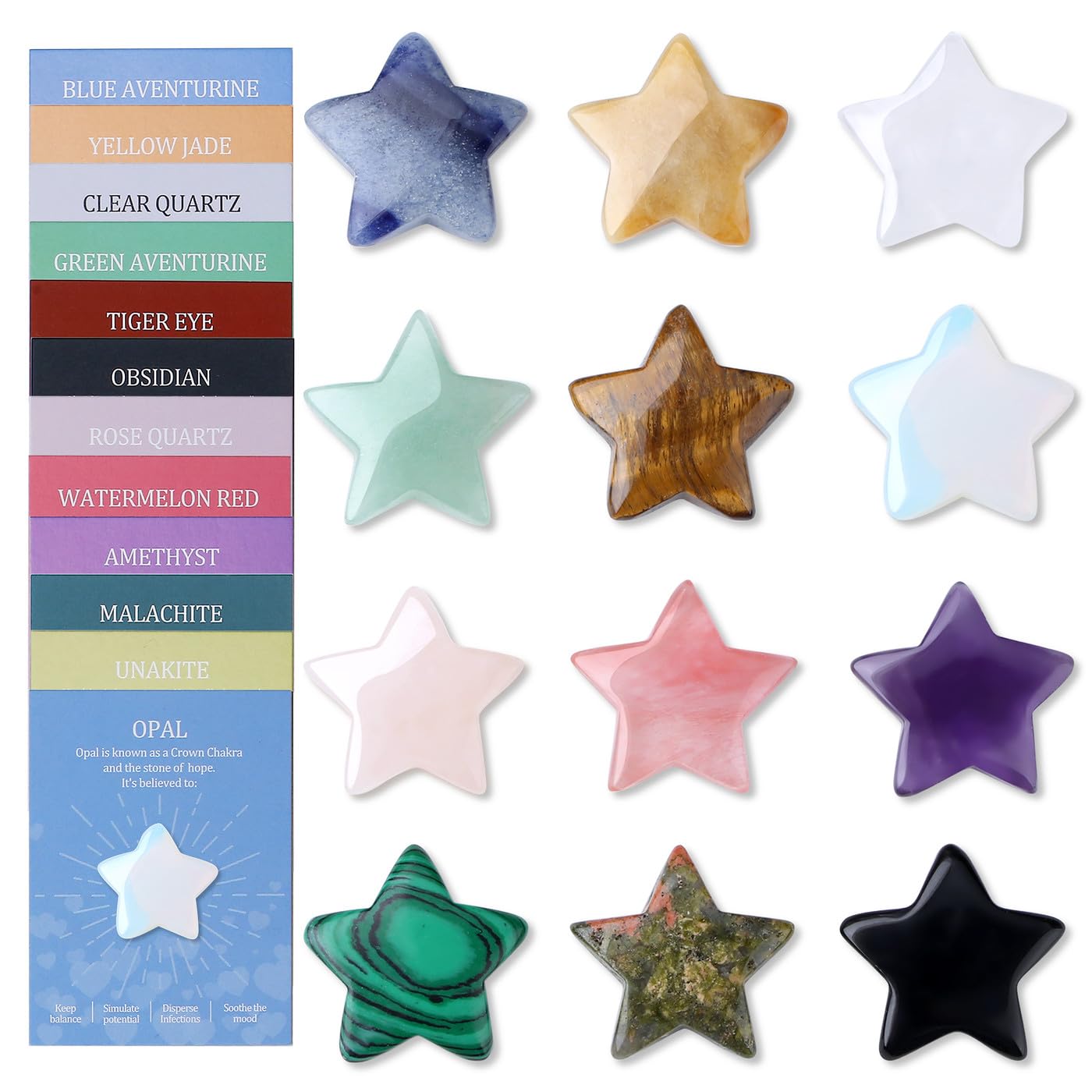 DUQGUHO Star Crystals and Healing Stones 1 inch Star Crystal Ornaments Set Energy Balancing Gemstones Meditation Polished Stone Christmas Ornaments Crystal Gifts for Women 12PCS