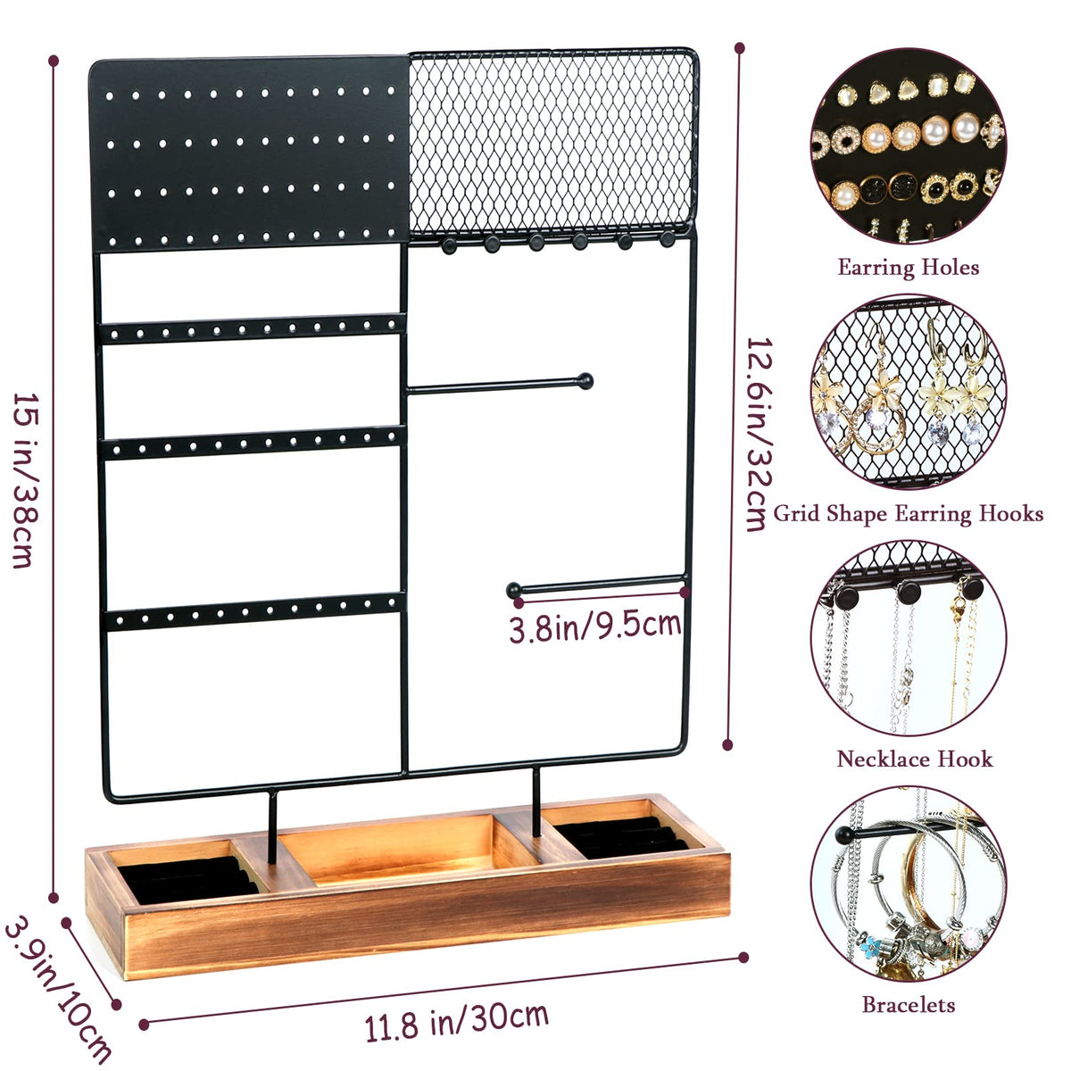 sovia Jewelry Organizer Stand,Earring Organizer with 84 Holes Ear Stud,Jewelry Organizer Holder with Wooden Tray for Earrings Necklaces Bracelets Watches and Rings,Earring Holder Organizer,Black