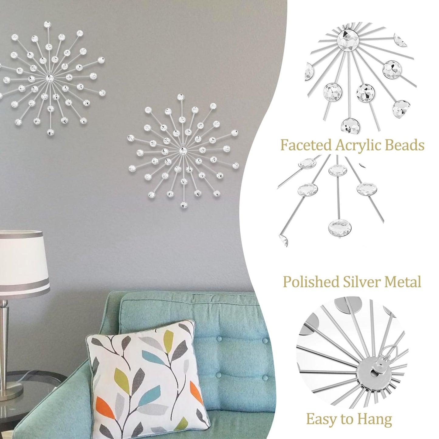 SIYIKRYP Set of 3 Crystal Sunburst Wall Decor – 11.8" Silver Metal Wall Art with Rhinestone Accents – Modern 3D Starburst Hanging Ornaments for Living Room, Bedroom, Office