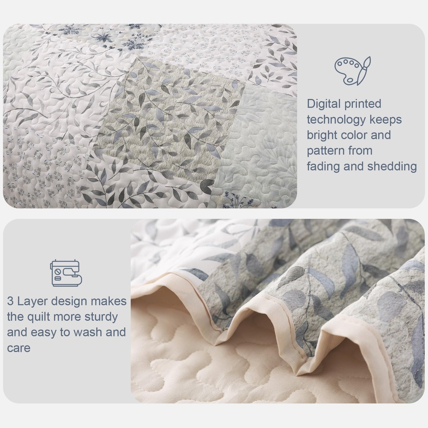 Exclusivo Mezcla Reversible Boho Quilts Queen Size, Gray Soft Bedspreads Lightweight Coverlet All Season Patchwork Quilt Bedding Set with Printed Floral Pattern (1 Quilt, 2 Pillow Shams)