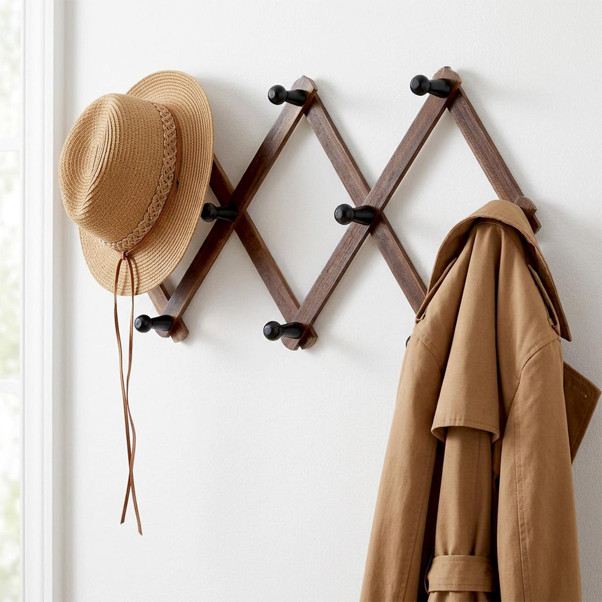 kenaeooe 4 Pcs Accordion Wall Hanger Expandable Hat Rack for Wall with 8 Peg Hooks X Shape Wooden Coat Rack for Hats, Coats, Scarves, Jackets, Purses, Keys, Mugs, Rustic Natural Wood