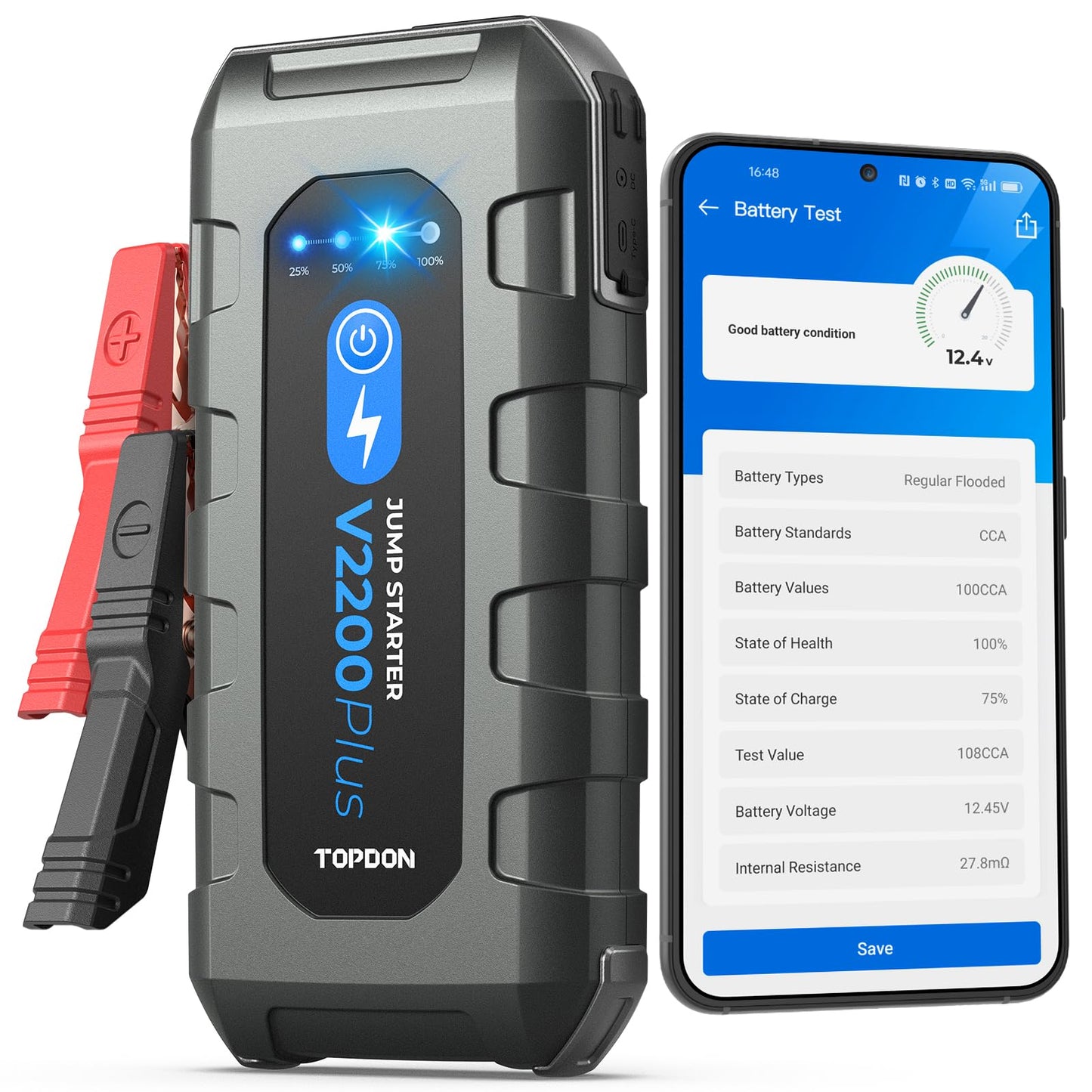 Car Battery Jump Starter and Battery Tester TOPDON 2-in-1 2200A Peak Jump Starter for Up to 8L Gas/6L Diesel Engines 12V Portable Booster and Tester