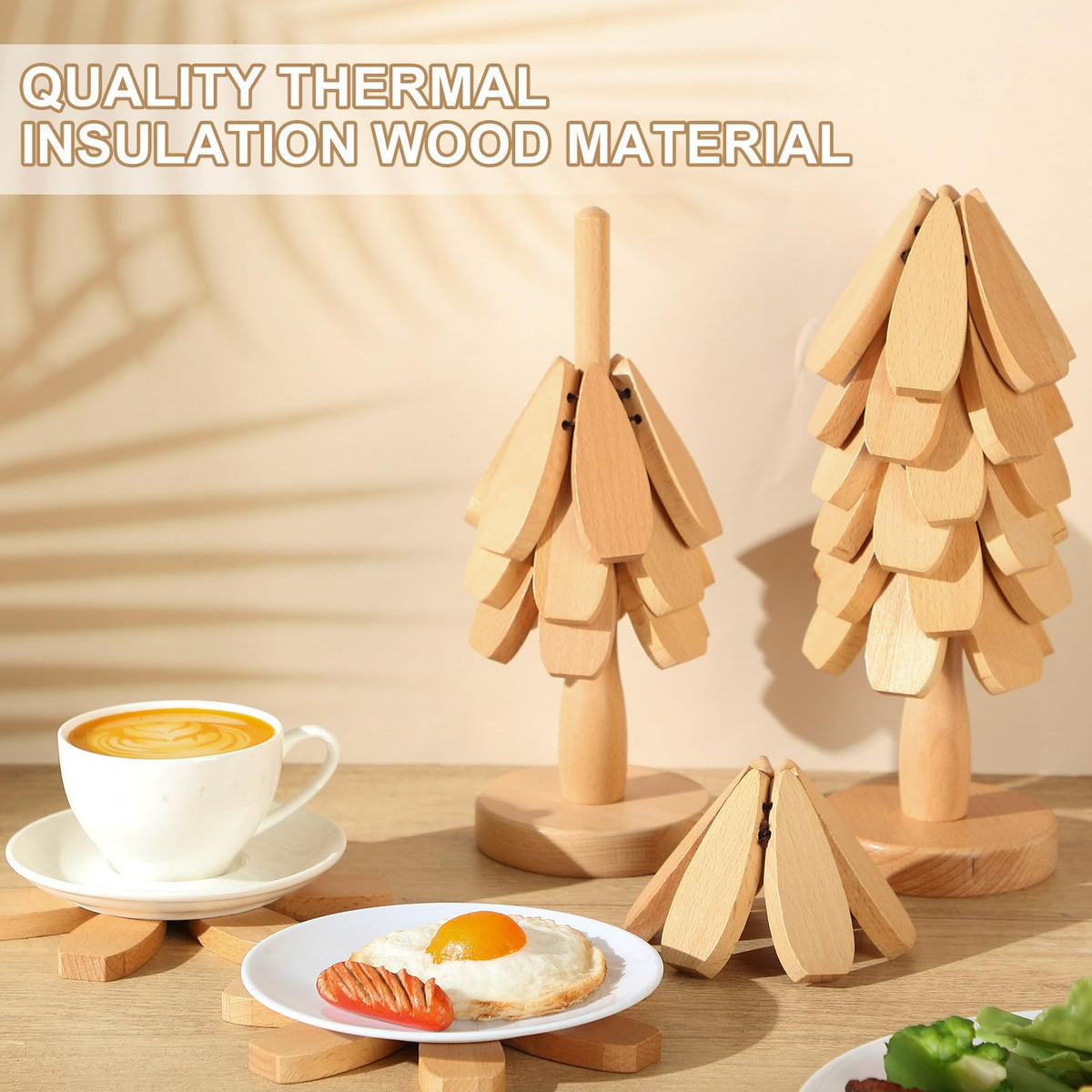Yerliker Tree Coasters Set of 12, Wooden Trivets for Hot Dishes, Stackable Trivet Set with Stand, Foldable Beech Wood Tree Table Mat Coaster Holder for Kitchen Counter Pots Pans Plates Pad