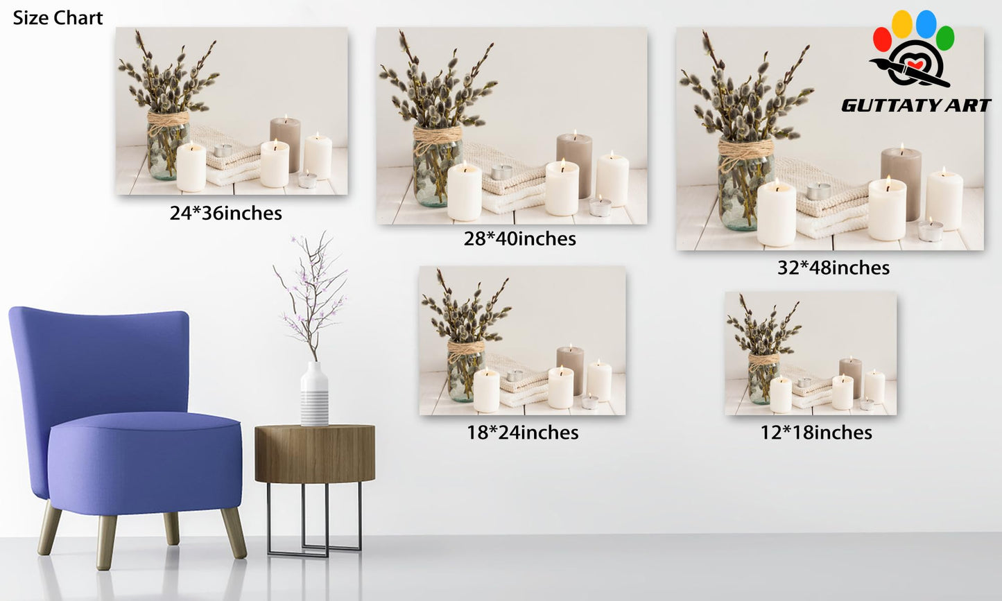 Zen Wall Art Decor - Modern Bathroom & Relaxing Canvas Wall Art for Spa, Home & Office - White Candle & Plant Art Prints - 12x18 Inches
