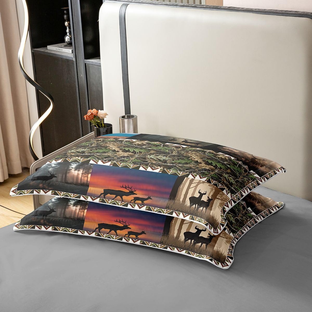 Deer 100% Cotton Duvet Cover Set Twin,Hunting Deer Bedding Sets,Woodland Animal Comforter Cover 3D Nature Scene Patchwork Bedding Elk Antler with Branches Quilt Cover,Rustic Farmhouse Bedroom Decor