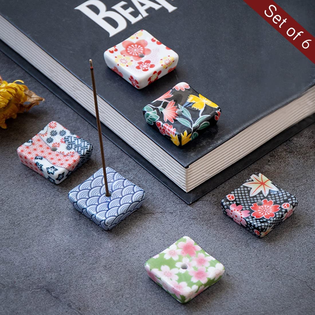Set of 6, Small Japanese Ceramic Handmade Cute Cherry Blossom Incense Stick Holder or Incense Burner Holder, Unique Ash Catcher Inscent Tray and Decorative Gift, Home Decor 1.34 inch