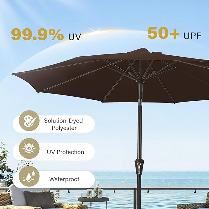 MEWAY 9ft Patio Umbrella Outdoor Table Umbrellas with Push Button Tilt and Crank, Market Umbrella 8 Sturdy Ribs for Deck, Garden, Pool and Backyard, Brown