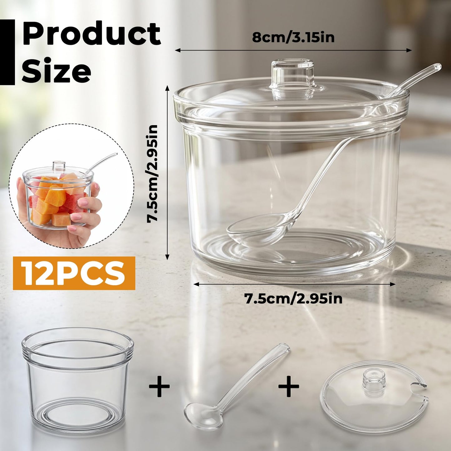 moheaaei 12 Pcs Acrylic Sugar Bowls with Lid and Spoon, Clear Plastic Condiment Jars for Kitchen, Coffee Bar, Party Supplies, 7.1 oz Bulk Storage Containers for Sugar, Salt, Spices