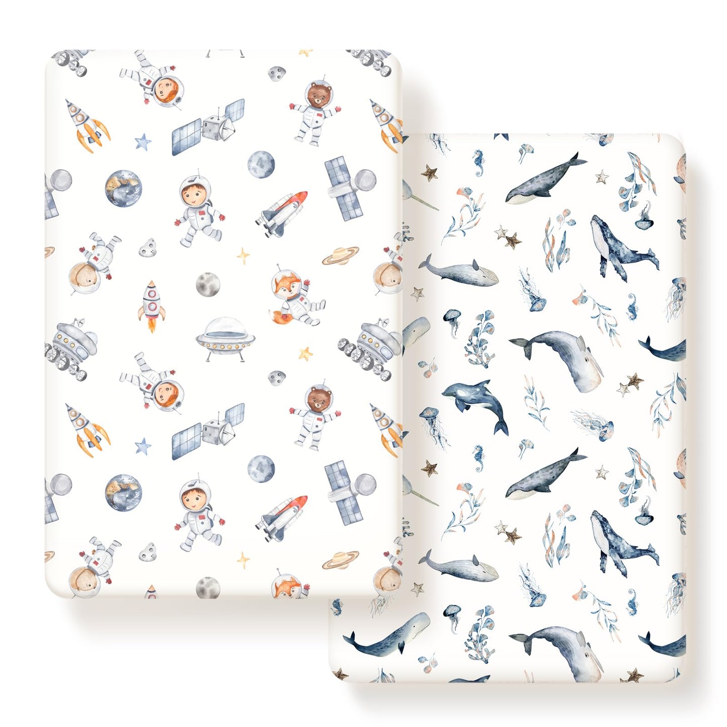 GRSSDER Stretchy Ultra Soft Jersey Knit Pack and Play Sheets 2 Pack, Portable/Mini Crib Sheets Universal Fitted for Playpen Mattress Safe and Snug, Cute Sea Fish & Space Print