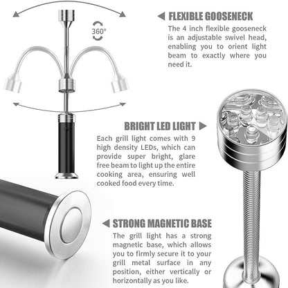 MojiDecor BBQ Barbecue Grill Light, Magnetic 360 Degree Adjustable BBQ Light Set Outdoor Grill Lights BBQ Accessories, Battery Operated, (2 Pack, Black)