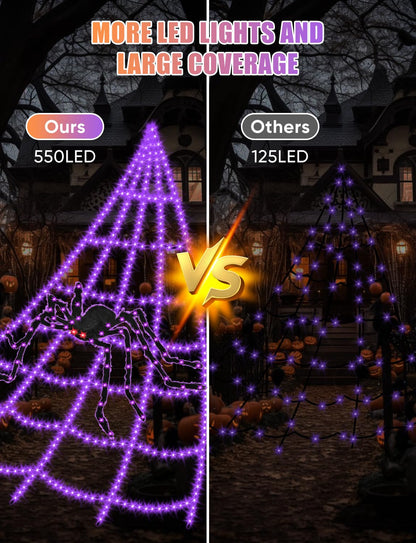 Halloween Decorations Outdoor Spider Web Lights - 550 LED 16.4Ft Spiderweb with 4Ft Large Light Up Spider, Waterproof, 8 Modes Memory Function for Outdoor Yard Halloween Decor (with Spider)