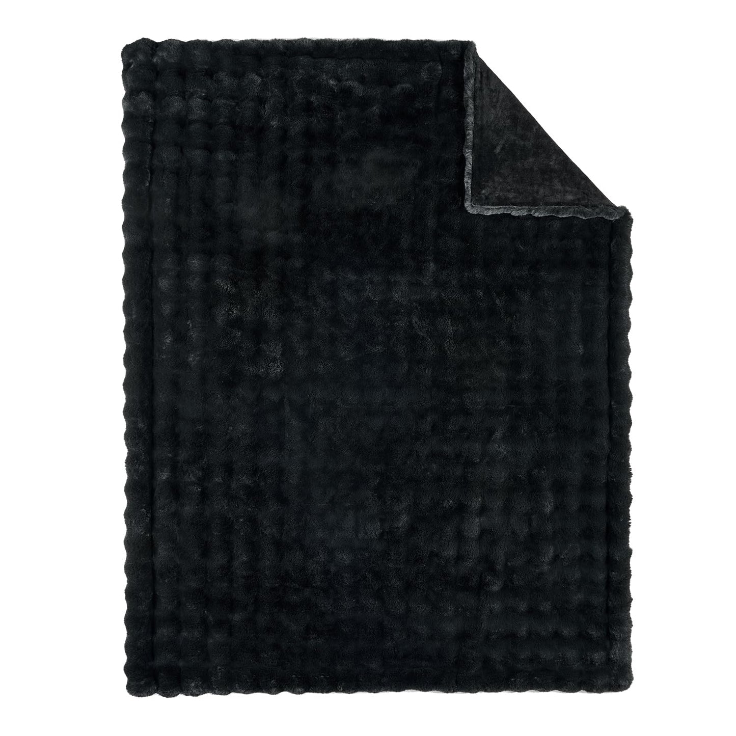 Lotus Karen Faux Fur Throw Blanket Black - Big Bubble Rabbit Fluff Blanket for Couch, Small Fluffy Fuzzy Cozy Blanket, Thick Furry Plush Shaggy Blankets, 50x60 Inches
