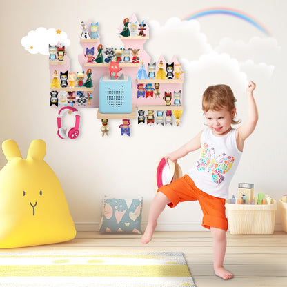 for Toniebox 2 and Toniebox 1 Tonie Shelf Wall Mounted Set,Tonies Figures Tonies Storage,Magnetic Wooden Floating Shelves Compatible with Tonie box Player Character for Children Room (pink-castles)