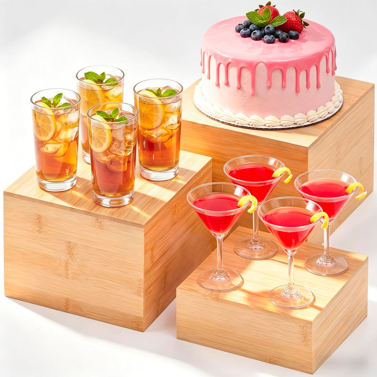 Fiwochic 3 Pcs Bamboo Buffet Risers, 6'' 7'' 8'', Large Food Risers for Buffet Table, Cake Display Stand Cube Box for Wedding Party Catering Dessert Jewelry Home Decor
