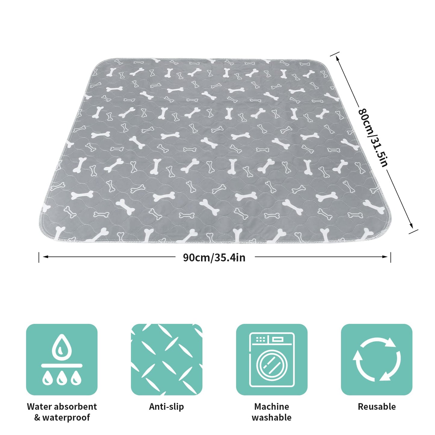 2 Pack 90*80cm Washable Puppy Pads, Non-Slip Waterproof Pet Pee Mat Super Absorbent, Reusable Puppy Training Pads for Home/Car/Travel