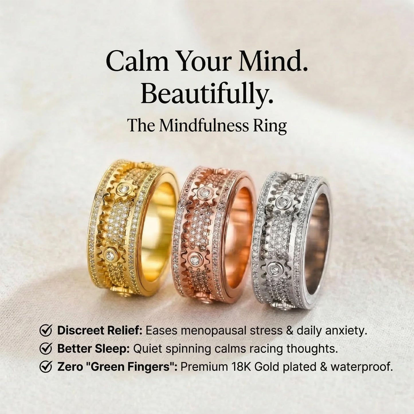 Xarewx Mindfulness Rings for Women, Fidget Ring, Adjustable Anti-Anxiety Fidget Rings, Menopause and Stress Ring, Calm & Everyday Wear (Gold, 8)