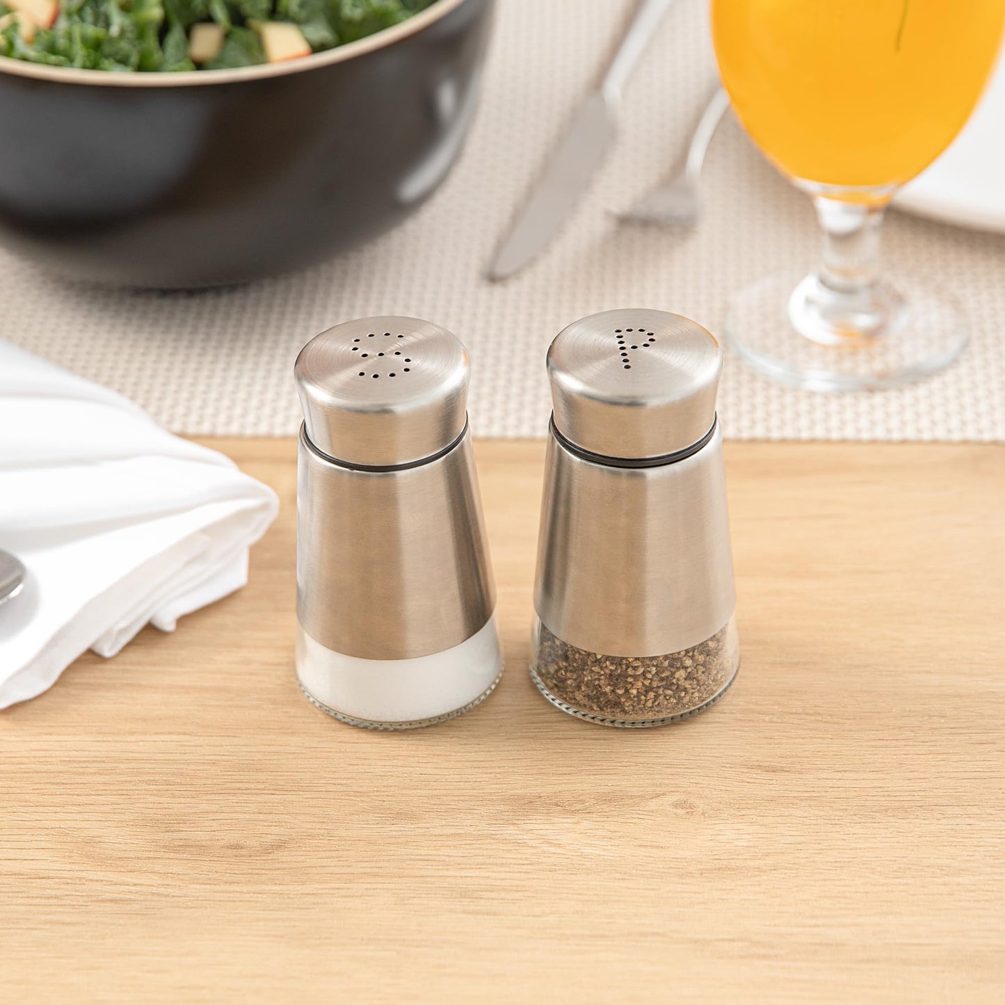 Restaurantware-Met Lux 2 Ounce Salt And Pepper Dispensers, 1 Refillable Salt And Pepper Shaker Set - "S" And "P" Pour Holes, Clear Glass Bottom, Stainless Steel Spice Dispensers, With Screwable Lid