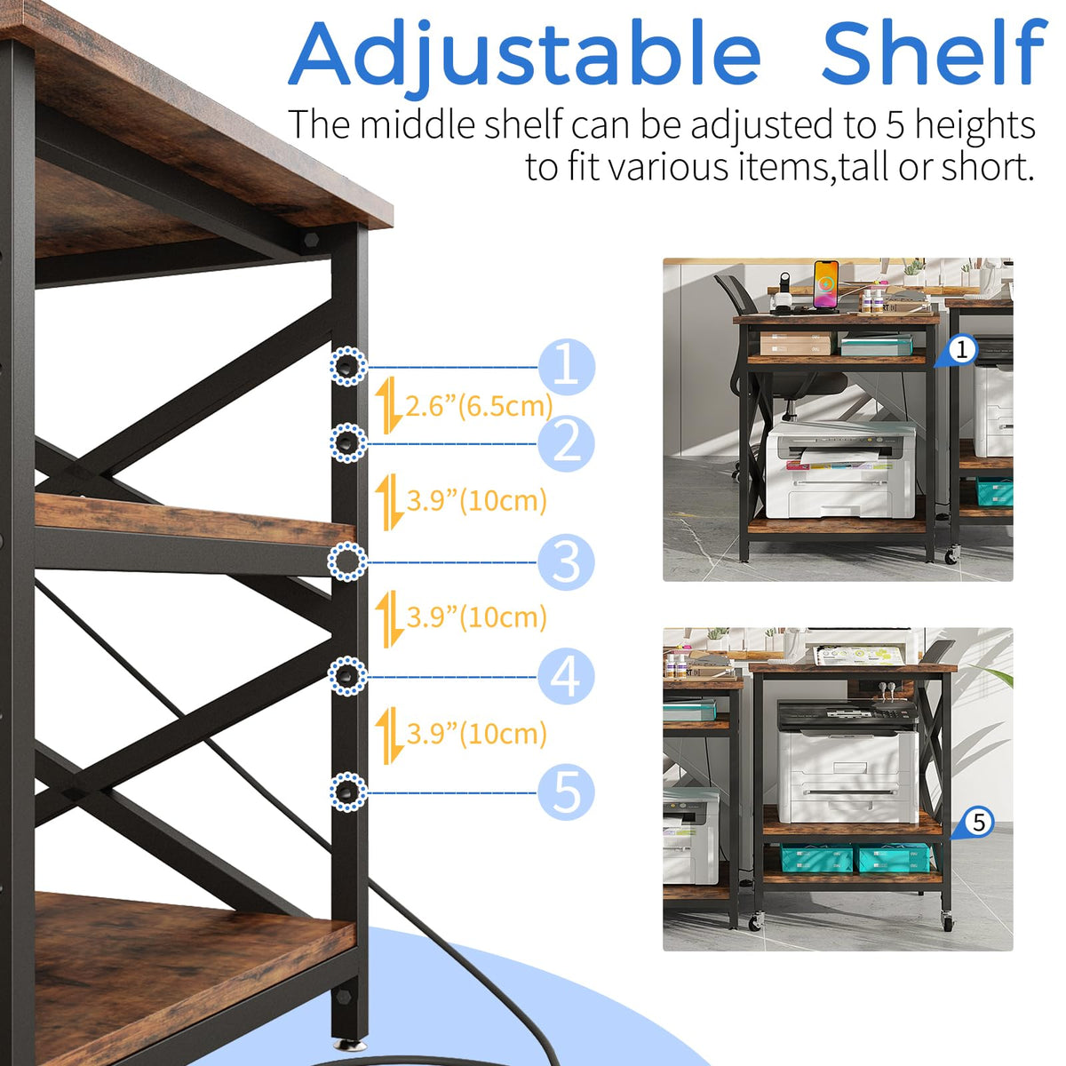 METYERRY Large Printer Stand with Power Outlet, with Height Adjustable Storage Shelf, 3 Tier Rolling Printer Cart with Industrial Wheels, 23.6 x 23.6 Inches Printer Table for Home Office, Rustic Brown